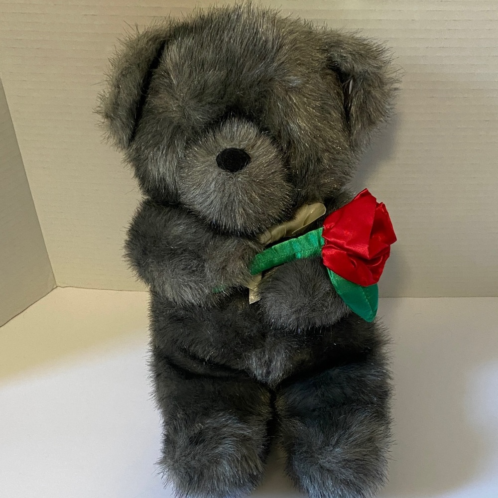 Vintage American Wego Valentine Day Gray Teddy Bear with Rose Plush